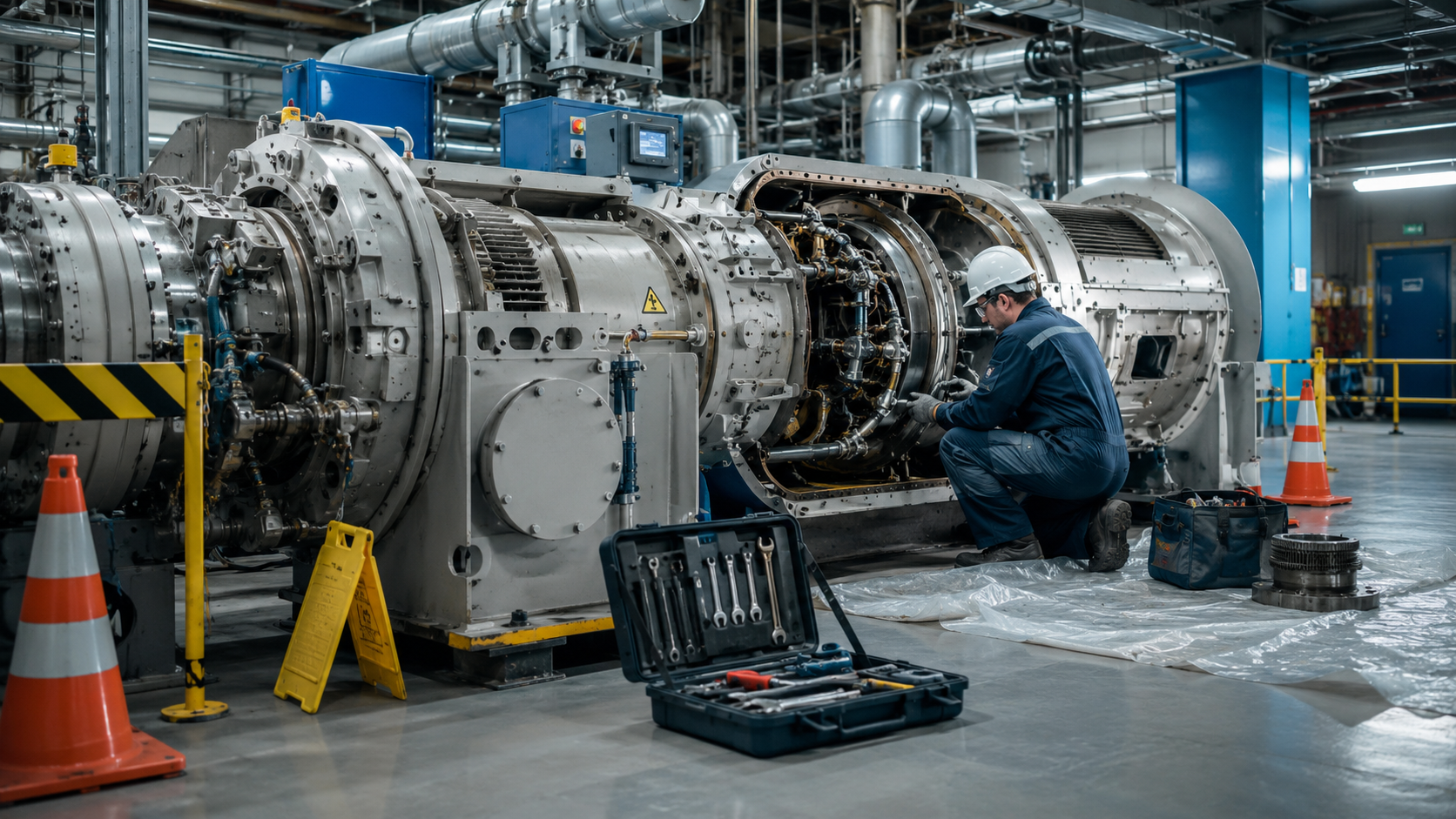 Technician servicing industrial equipment during planned downtime